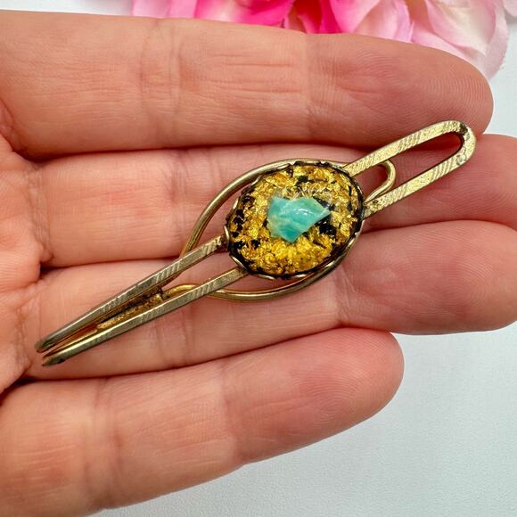 Vintage Gold Flake Turquoise Chip Tie Clip Unique Southwestern Retro Unsigned - Picture 4 of 11